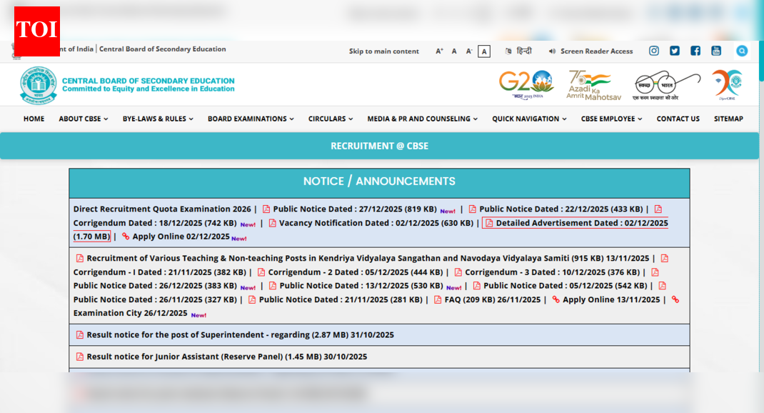 CBSE Direct Recruitment Quota exam 2026: Application correction window opens tomorrow for Group A, B, C posts; check list of editable fields