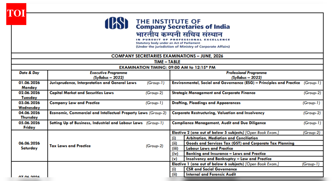 ICSI CS June 2026 time table for Executive, Professional exams released: Check dates here