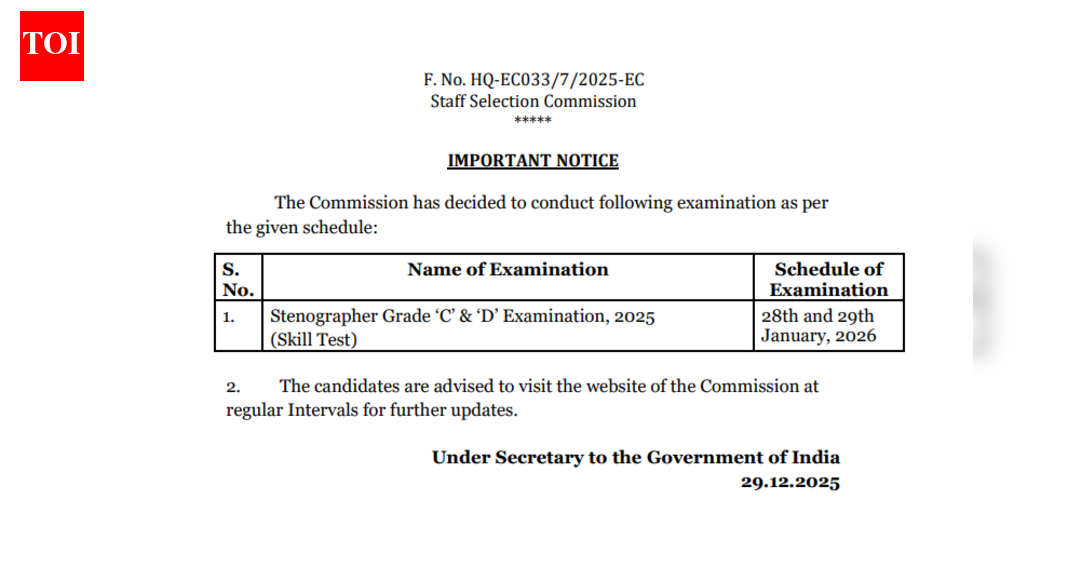 SSC Stenographer Skill Test 2025 dates announced for Grade C and D: Check official notice and test pattern here