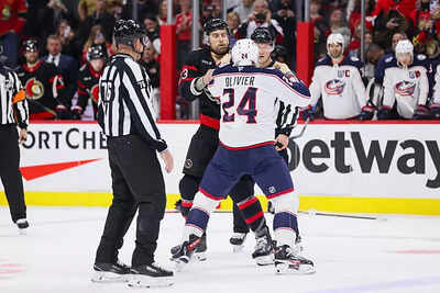 Kurtis MacDermid and Mathieu Olivier spark brief heavyweight clash during Jackets and Ottawa game