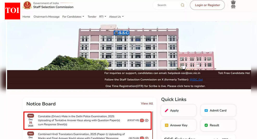 SSC Delhi Police Constable Driver answer key 2025 released at ssc.gov.in; challenge window open until Jan 03