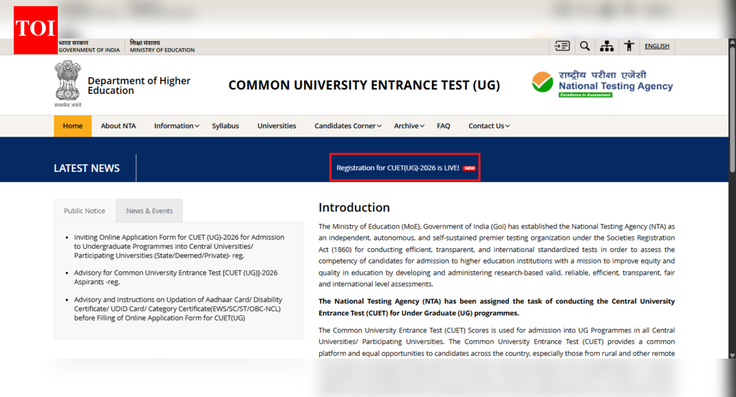 CUET UG 2026 registration begins at cuet.nta.nic.in: Direct link to apply and other details here