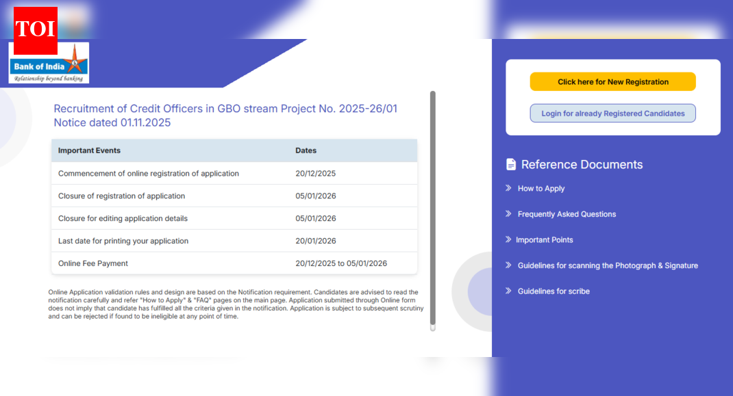 Bank of India recruitment 2025: Registration window closes today for 514 Credit Officer posts; direct link to apply here