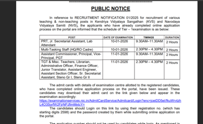 KVS, NVS admit card and exam schedule released: Check important details here