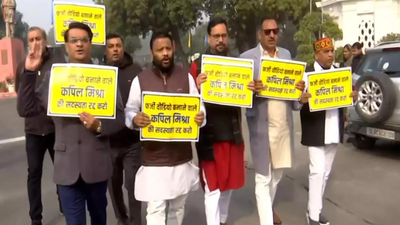 AAP MLAs stage protest outside Delhi Assembly against state government