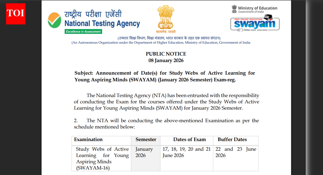 NTA SWAYAM 2026 exam dates released at exams.nta.nic.in: Check schedule here