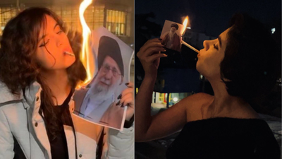 Iran protests: Why are women lighting cigarettes from burning Khamenei photo? See photos