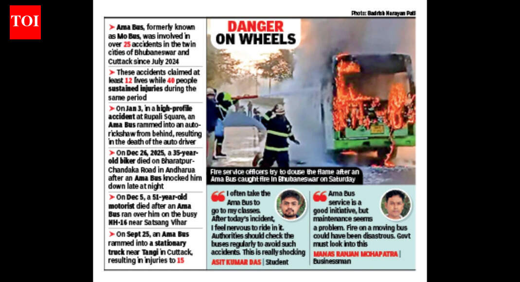 Ama Bus catches fire in Bhubaneswar: Passengers evacuated safely, battery short-circuit suspected