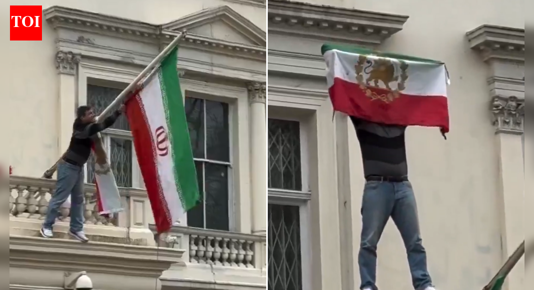 Anti-Khamenei stir in UK: Protester puts revolution flag on Iran embassy—watch