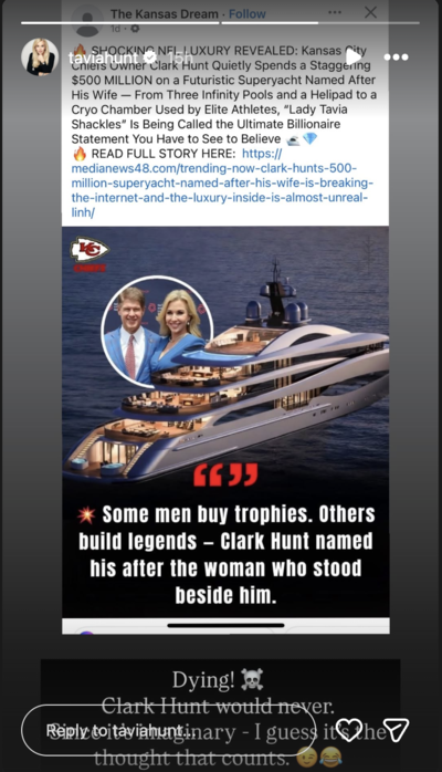 Tavia Hunt shuts down viral rumor claiming Chiefs owner bought $500 million yacht in her name