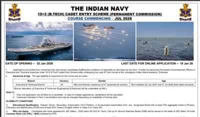 Indian Navy invites applications for 10+2 BTech Cadet Entry Scheme: Check details here