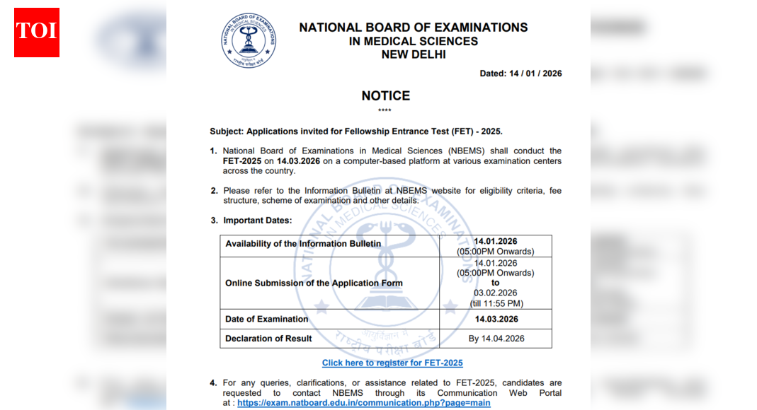 NBEMS FET 2025 notification out: Registration window opens today at natboard.edu.in; check details here