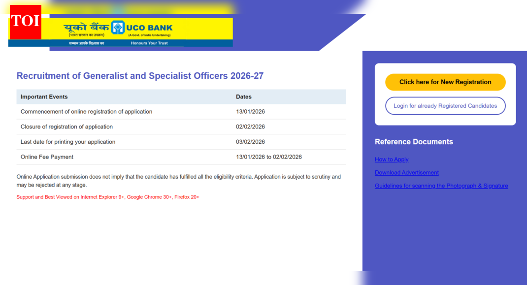 UCO Bank SO recruitment 2026-27: Registration window opens for 173 posts; direct link to apply here