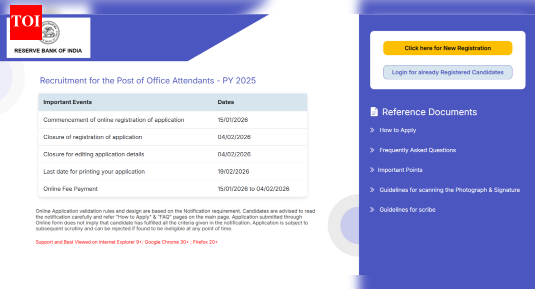 RBI Office Attendant recruitment 2026: Registration window opens for 572 posts; direct link to apply here