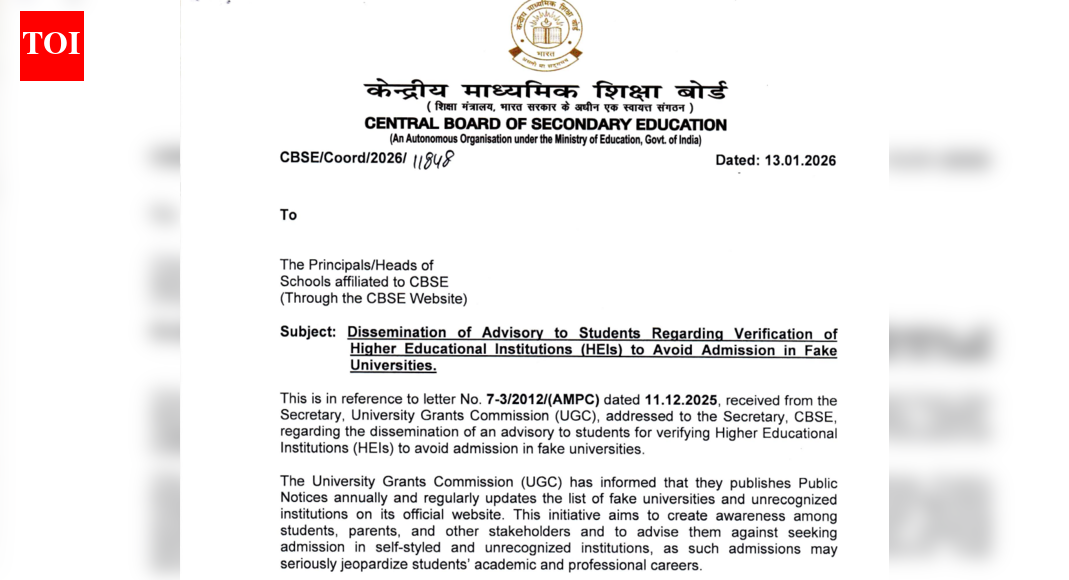 CBSE issues important advisory for Class 10, 12 students on UGC-recognised colleges; check official notice here