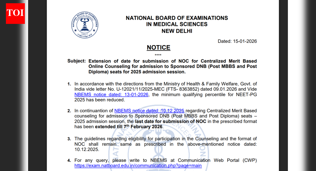 NBEMS extends NOC submission deadline for sponsored DNB admissions 2025 after NEET-PG cut-off reduction: Check details