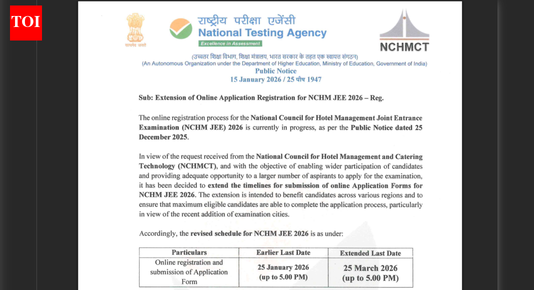 NCHM JEE application 2026 deadline extended: Check details here