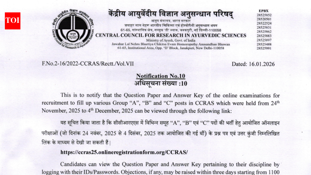 CCRAS Group A, B, C answer key 2025 released at ccras.nic.in: Check direct link and steps to raise objections here