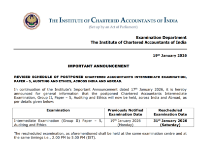 ICAI CA Intermediate January 2026 Auditing and Ethics paper postponed to this date: Check revised schedule