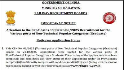 RRB NTPC Graduate application status 2026 released for 5810 posts, check CEN 06/2025 details here