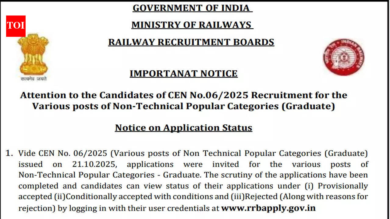 RRB NTPC Graduate application status 2026 released for 5810 posts, check CEN 06/2025 details here