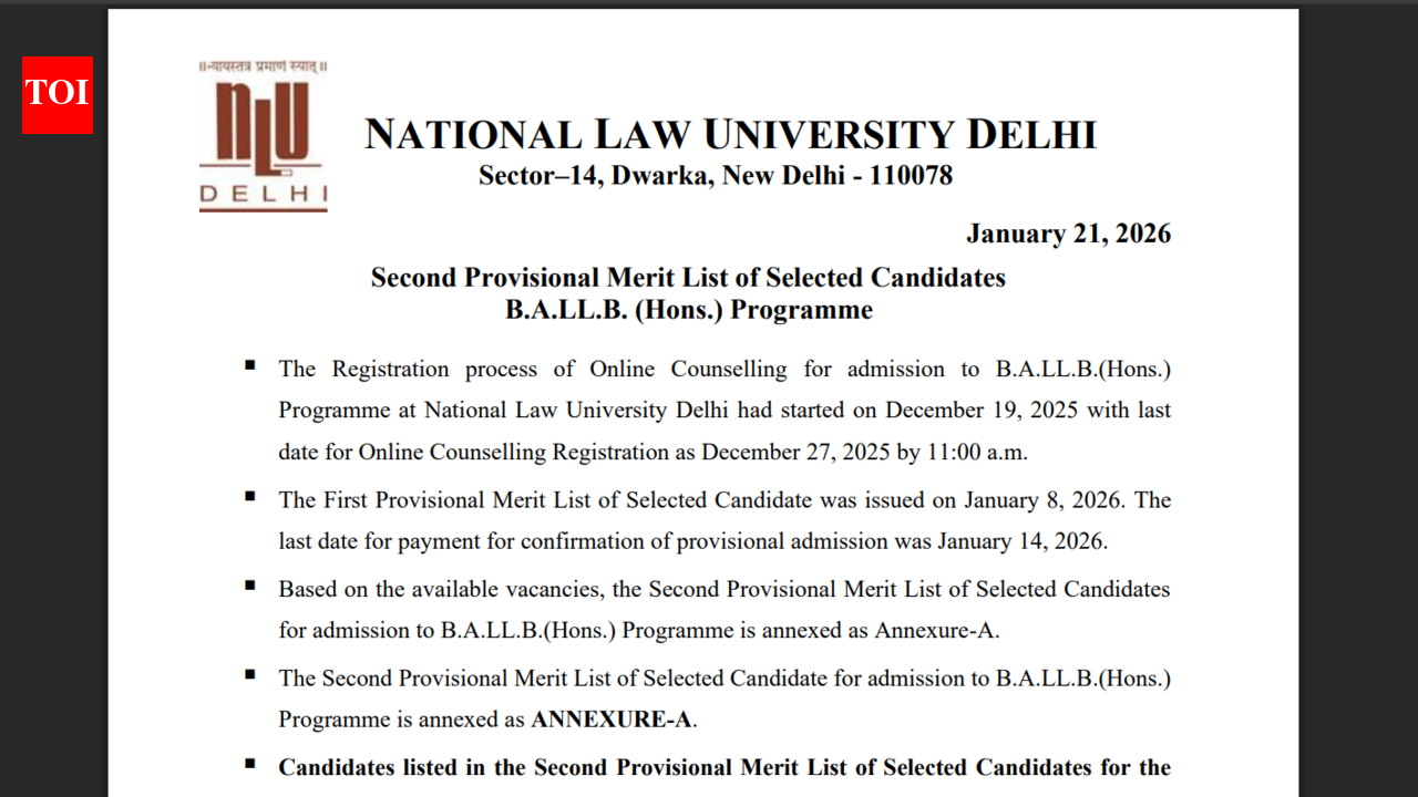 AILET 2026 2nd merit list released at nationallawuniversitydelhi.in: Direct link to download here