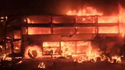 3 charred to death as tyre burst turns Nellore–Hyderabad bus into fireball; vehicle crossed median, rammed into lorry