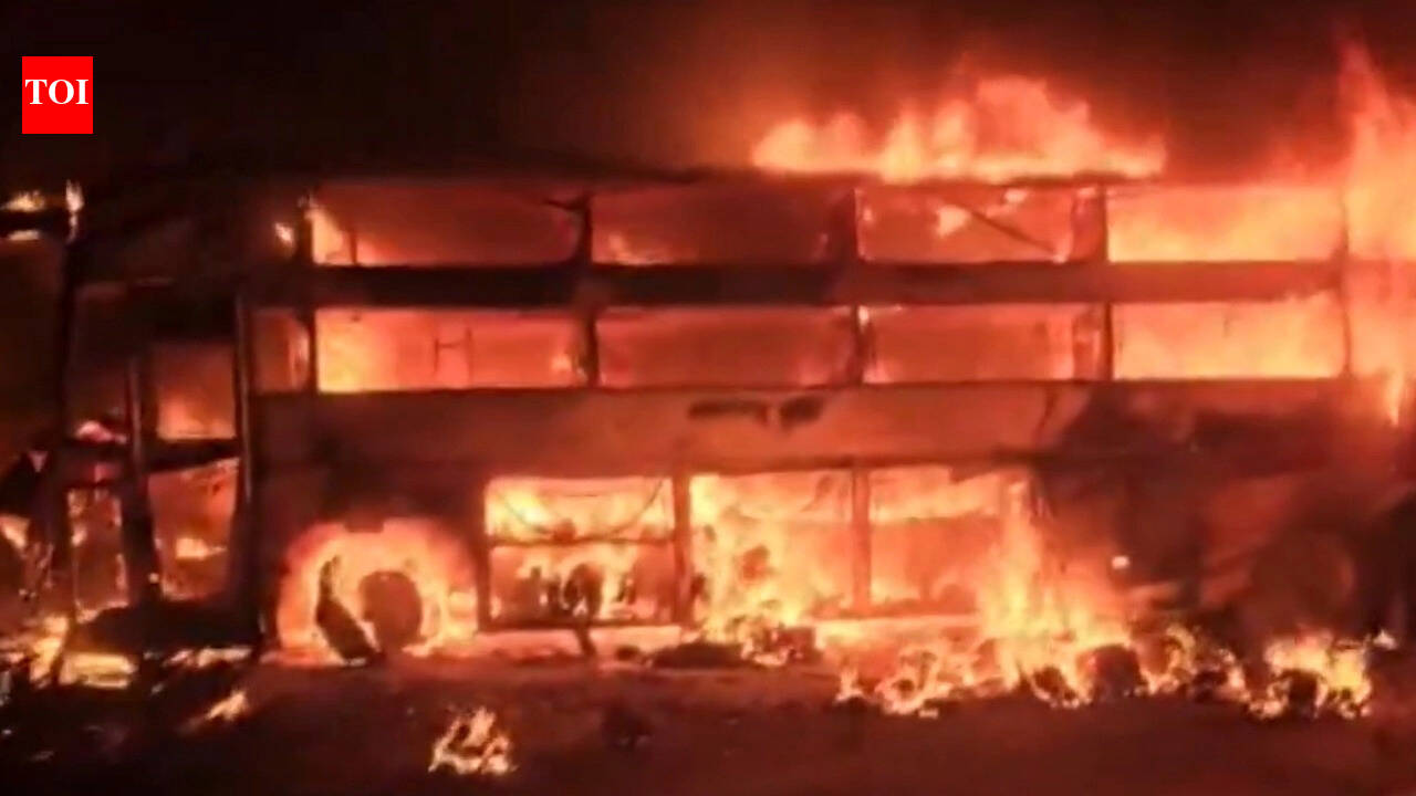 3 charred to death as tyre burst turns Nellore–Hyderabad bus into fireball; vehicle crossed median, rammed into lorry