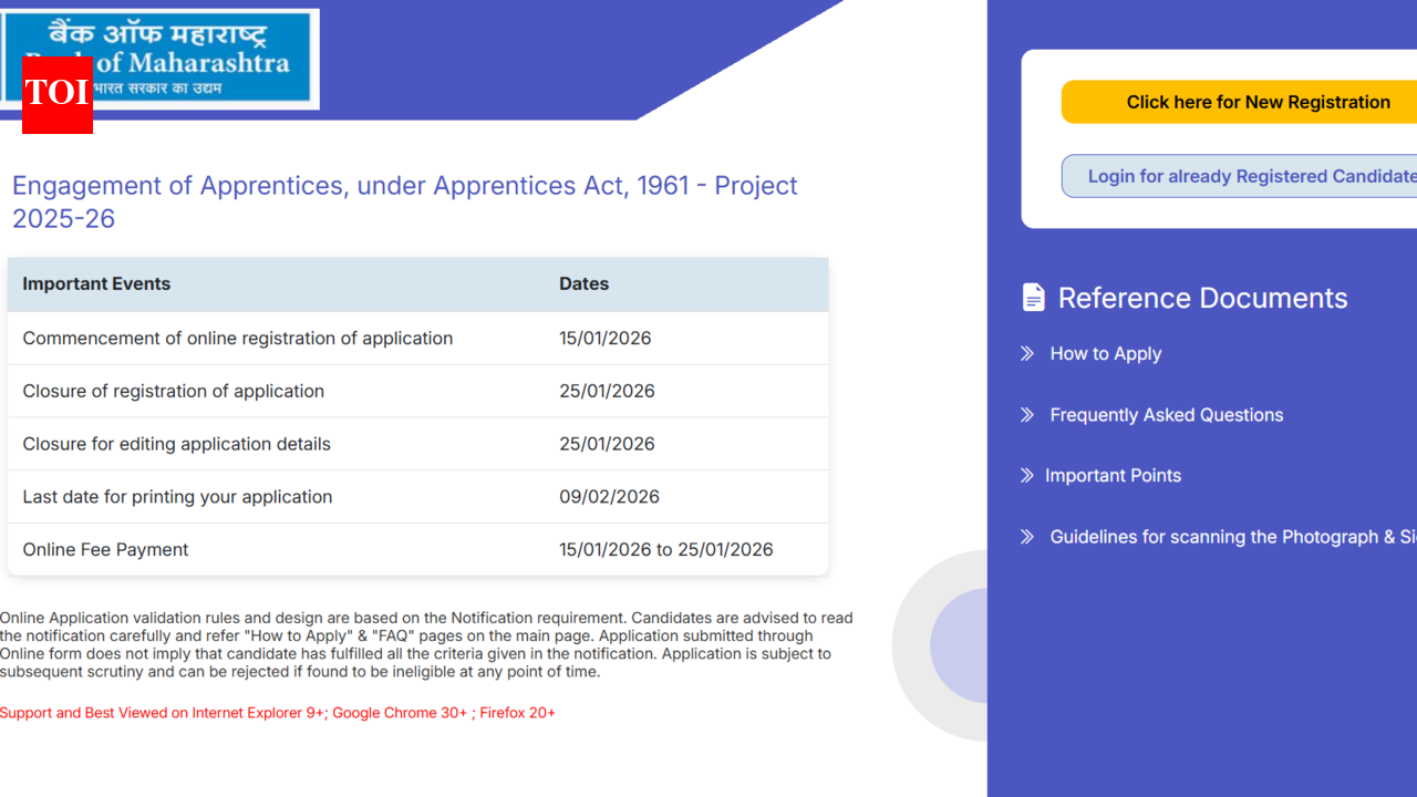 Bank of Maharashtra Apprentice recruitment 2026: Registration window closes today for 600 posts; direct link to apply here