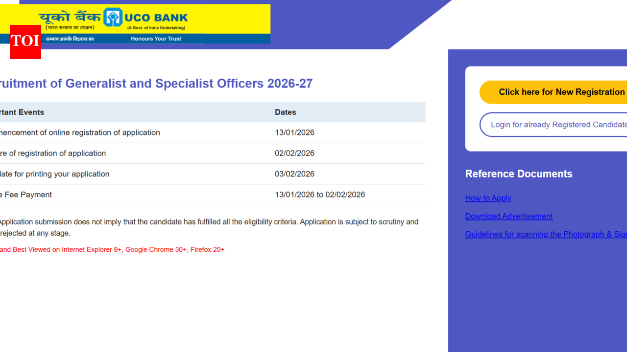 UCO Bank SO recruitment 2026-27: Registration underway for 173 posts; direct link to apply here