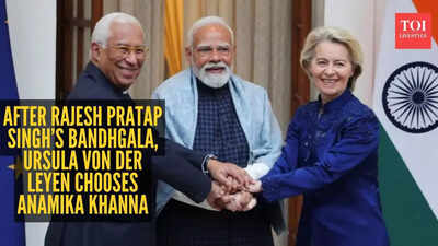 ராஜேஷ் பிரதாப் சிங்கின் பனாரசி ஜாக்கெட்டில் தலையை திருப்பிய பிறகு, அனாமிகா கன்னாவின் யூரோ-ப்ளூ பந்த்கலாவில் உர்சுலா வான் டெர் லேயன் வெளியேறினார்