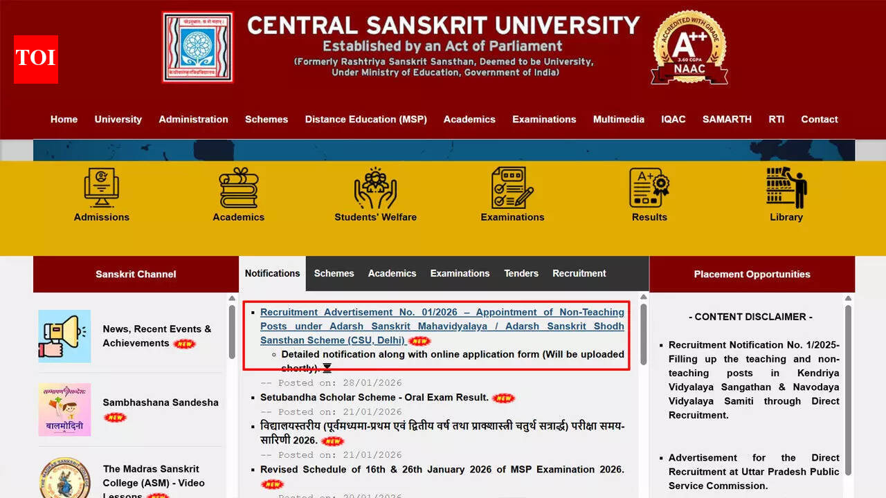 CSU Delhi recruitment 2026: Notification for non-teaching posts released at sanskrit.nic.in; apply here