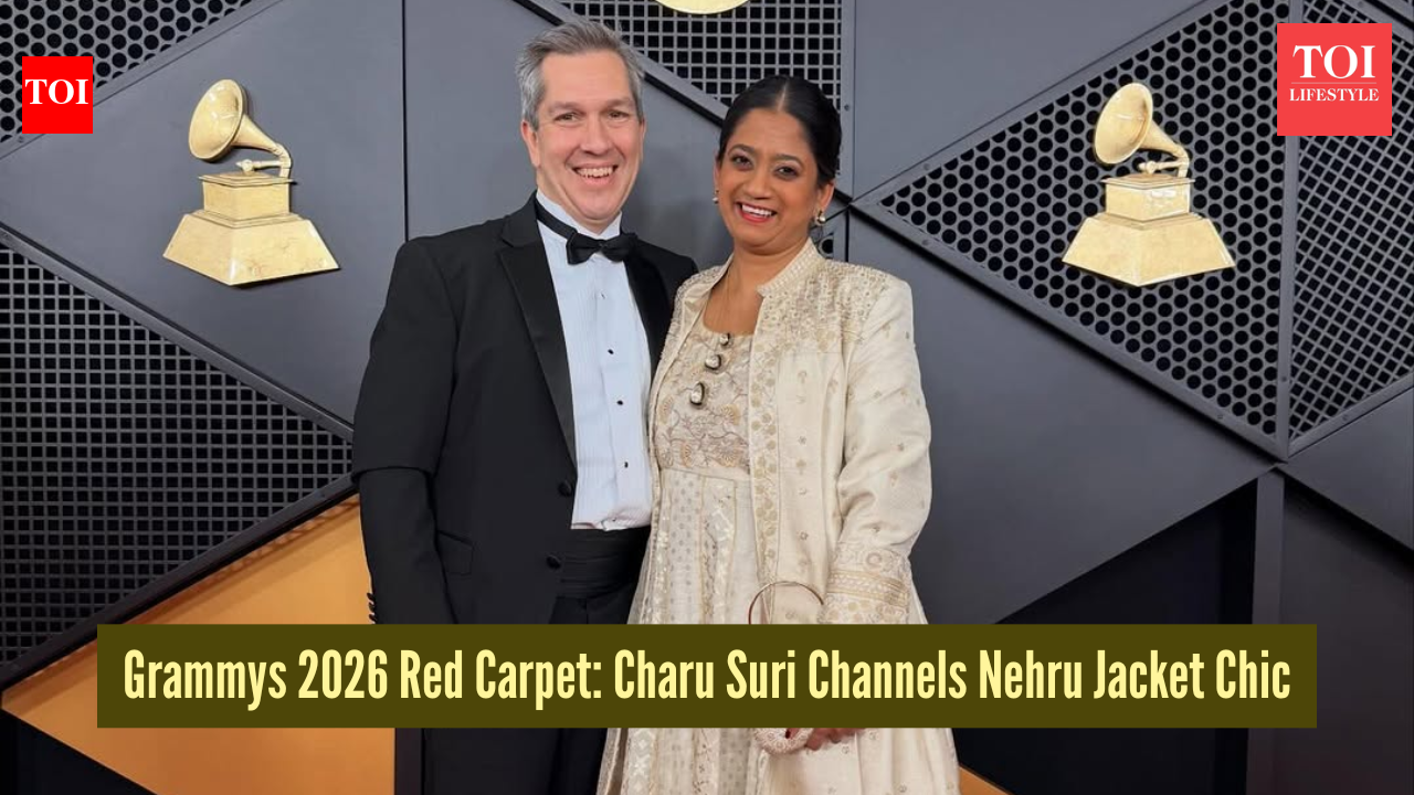 Grammys 2026: Charu Suri honours Indian weaves on the Hollywood red carpet in Shruti Sancheti’s Nehru jacket–inspired look |