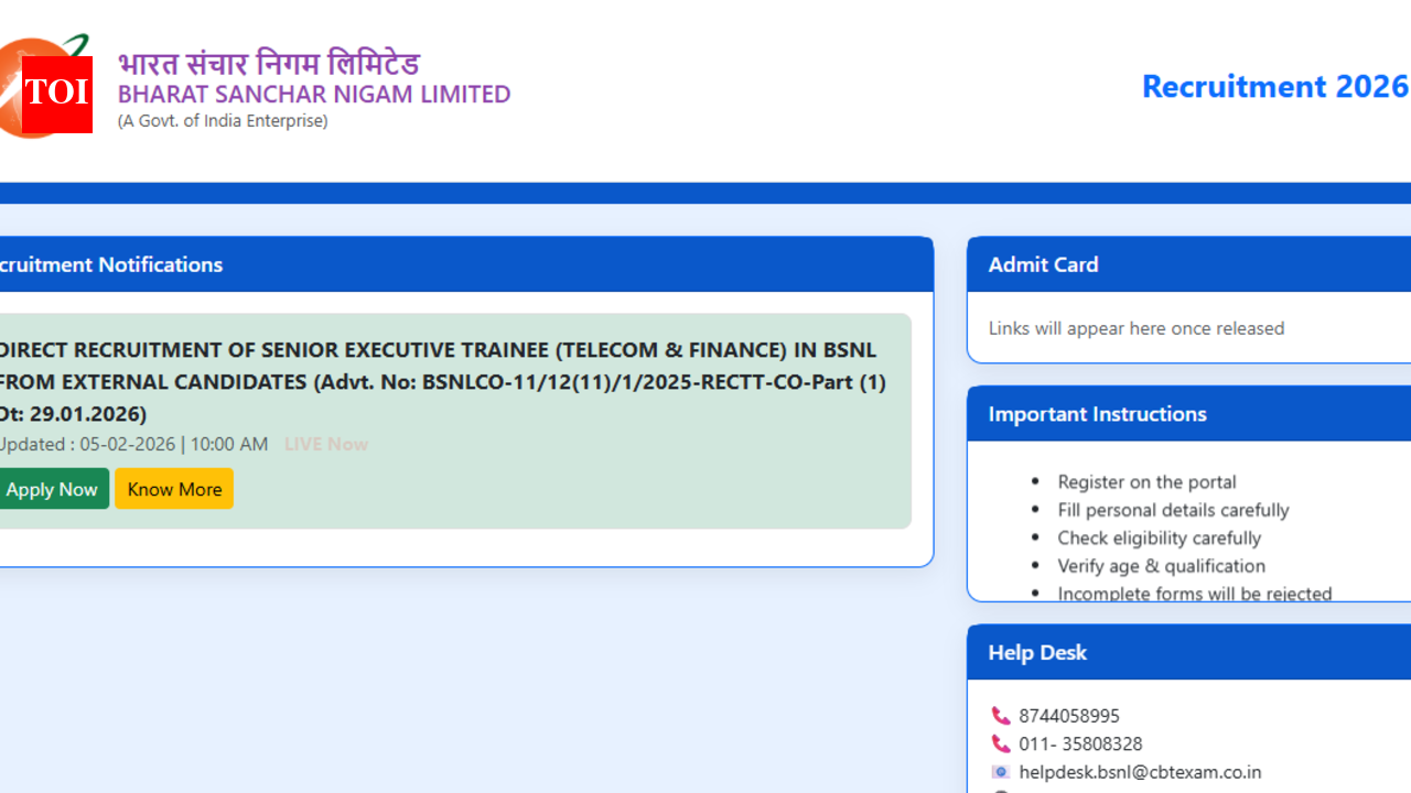 BSNL recruitment 2026: Registration begins for Senior Executive Trainee posts; direct link to apply here