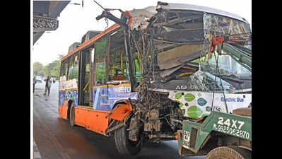 BRTS bus crashes into bridge pillar, driver rescued after hour-long operation
