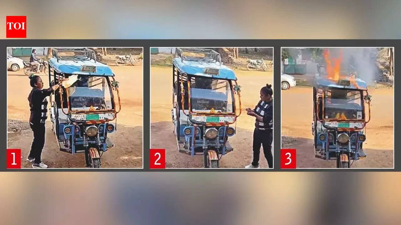 Fed up with faulty e-rickshaw, Shivpuri woman sets vehicle on fire outside showroom in Madhya Pradesh