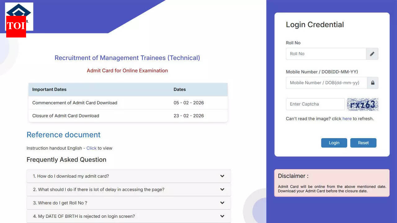 SAIL MT admit card 2026 released, exam on 23 February 2026; download here