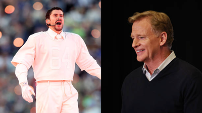  NFL commissioner Roger Goodell beams with Bad Bunny following historic Super Bowl LX halftime performance