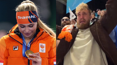 Jake Paul cannot hold back tears after fiance Jutta Leerdam wins Olympic speed skating gold in record breaking final race