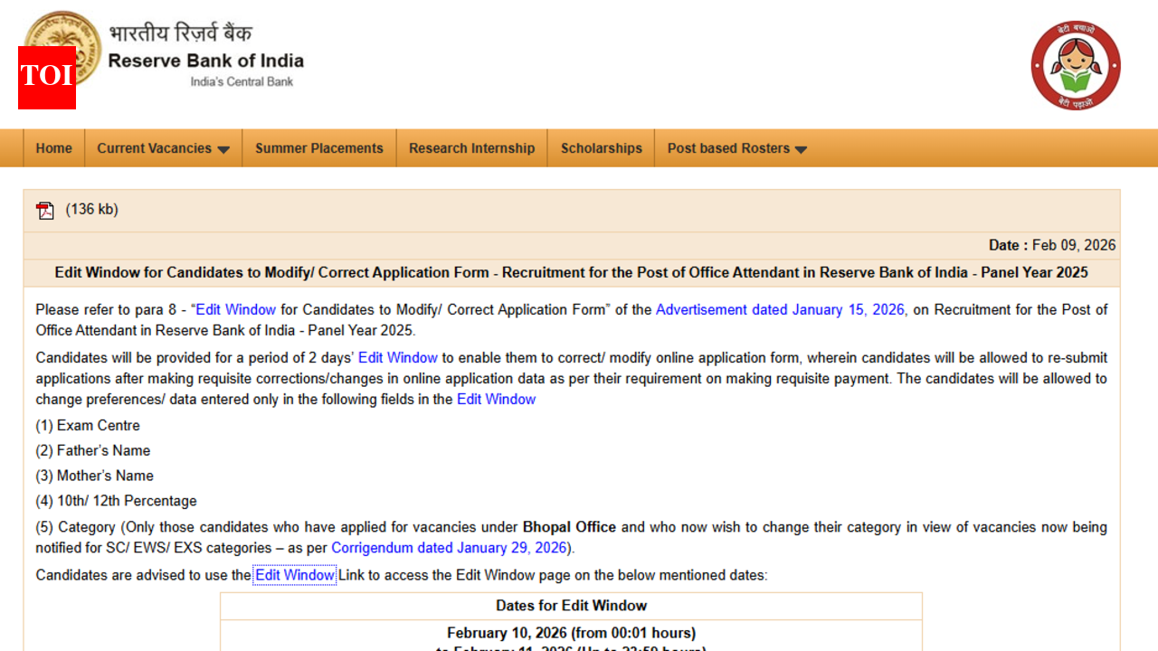 RBI Office Attendant recruitment 2026: Application correction window opens for 572 posts; direct link here