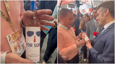 Aviator sunglass, 'For Sure': Emmanuel Macron receives wine inspired by his Davos speech