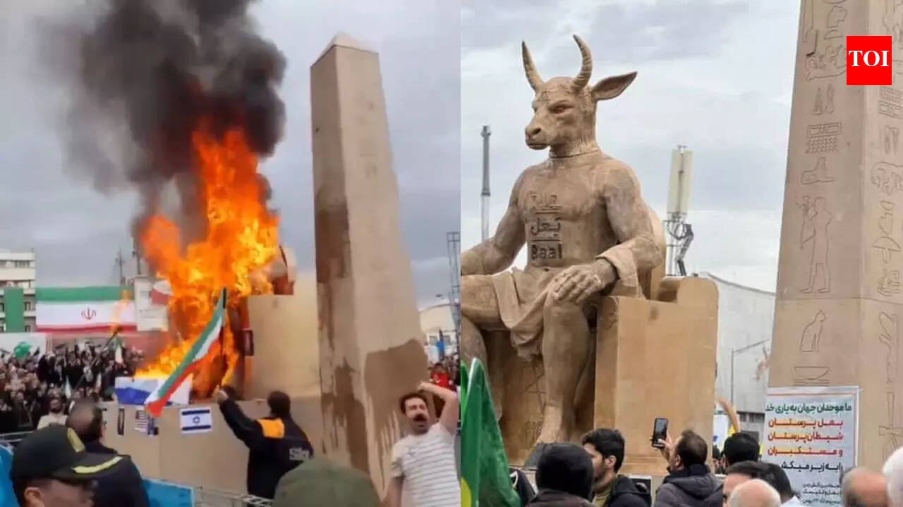 Watch: Iranian protesters burn 'Baal' Effigy marked with Star of David, chant 'death to Israel' at rally - The Times of India