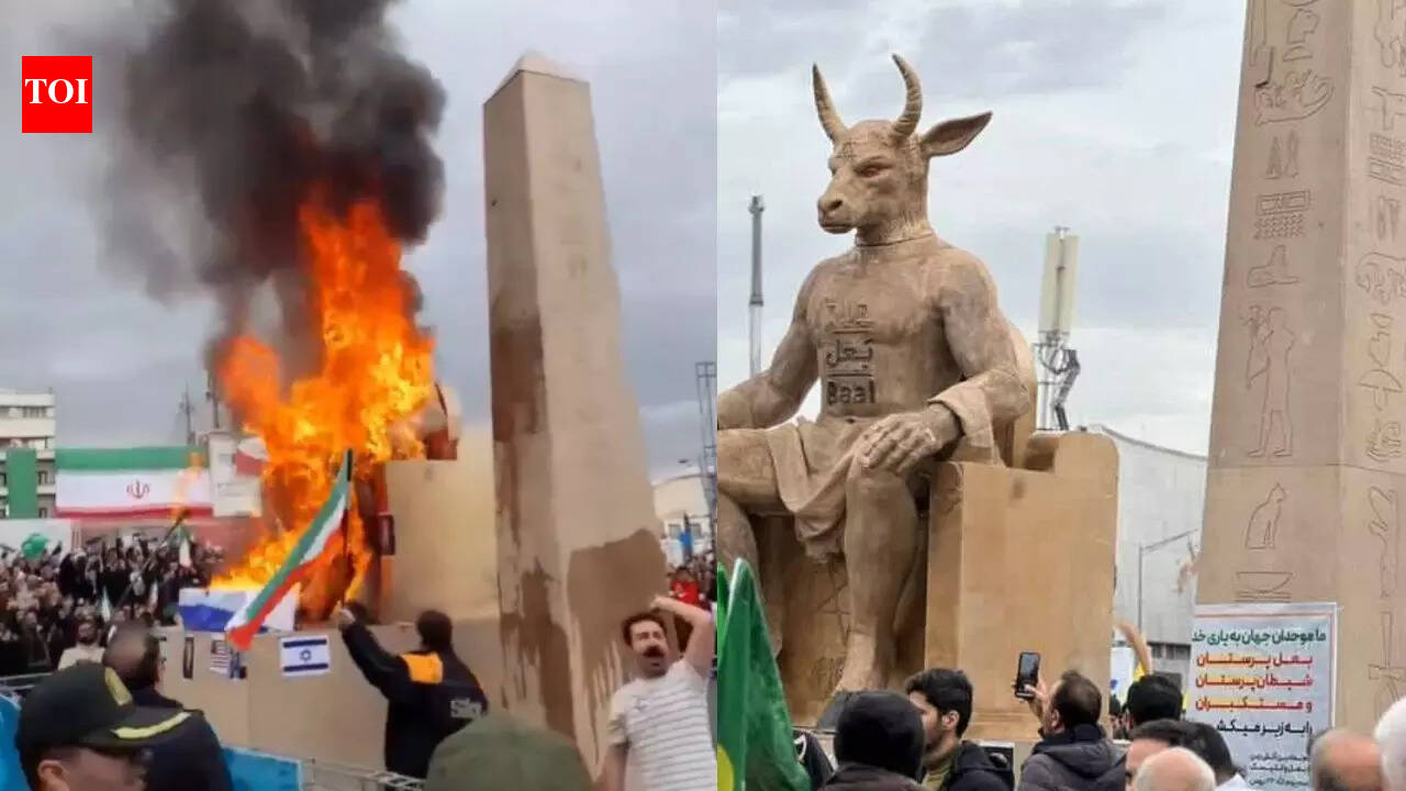 Watch: Iranian protesters burn ‘Baal’ Effigy marked with Star of David, chant ‘death to Israel’ at rally