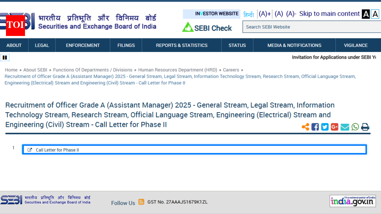 SEBI Grade A Phase 2 call letter released at sebi.gov.in: Direct link to download admit card here