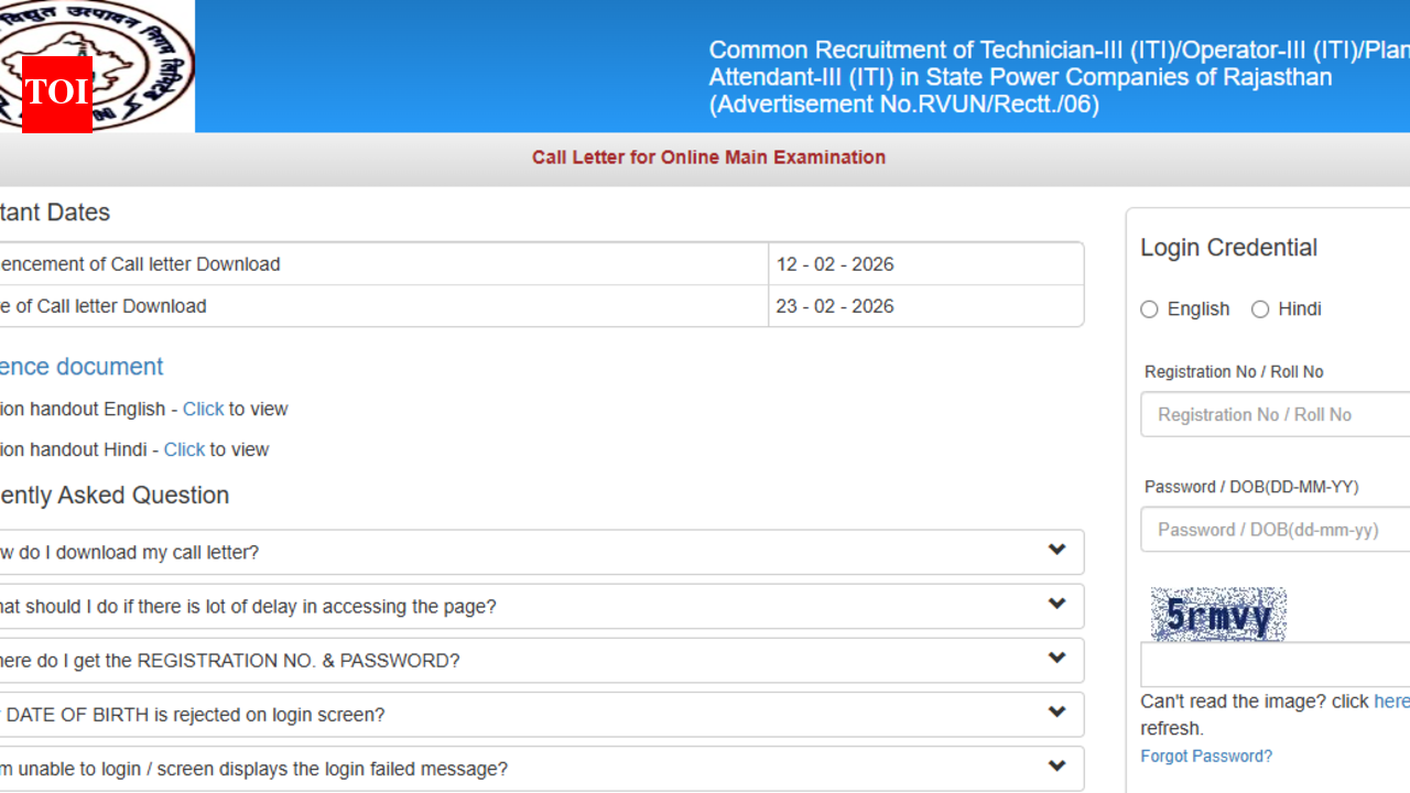 RVUNL Technician 2026 admit card released for Main exam: Direct link to download hall ticket here