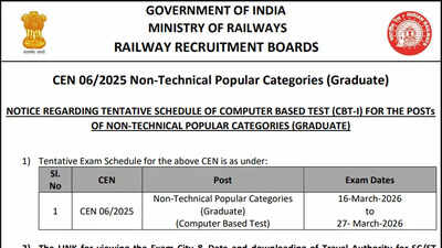 RRB NTPC Graduate CEN 06/2025 CBT-I exam date OUT, check official notice here