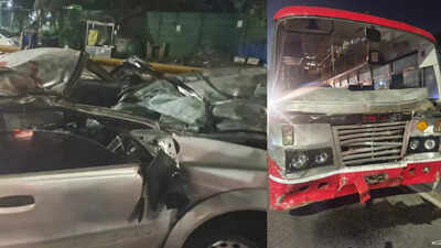  5 dead as speeding car crashes into divider, topples, collides head-on with bus coming from opposite direction