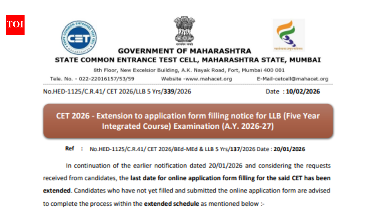 MHT CET 2026: Registration deadline extended for 5-year LLB course; check new dates
