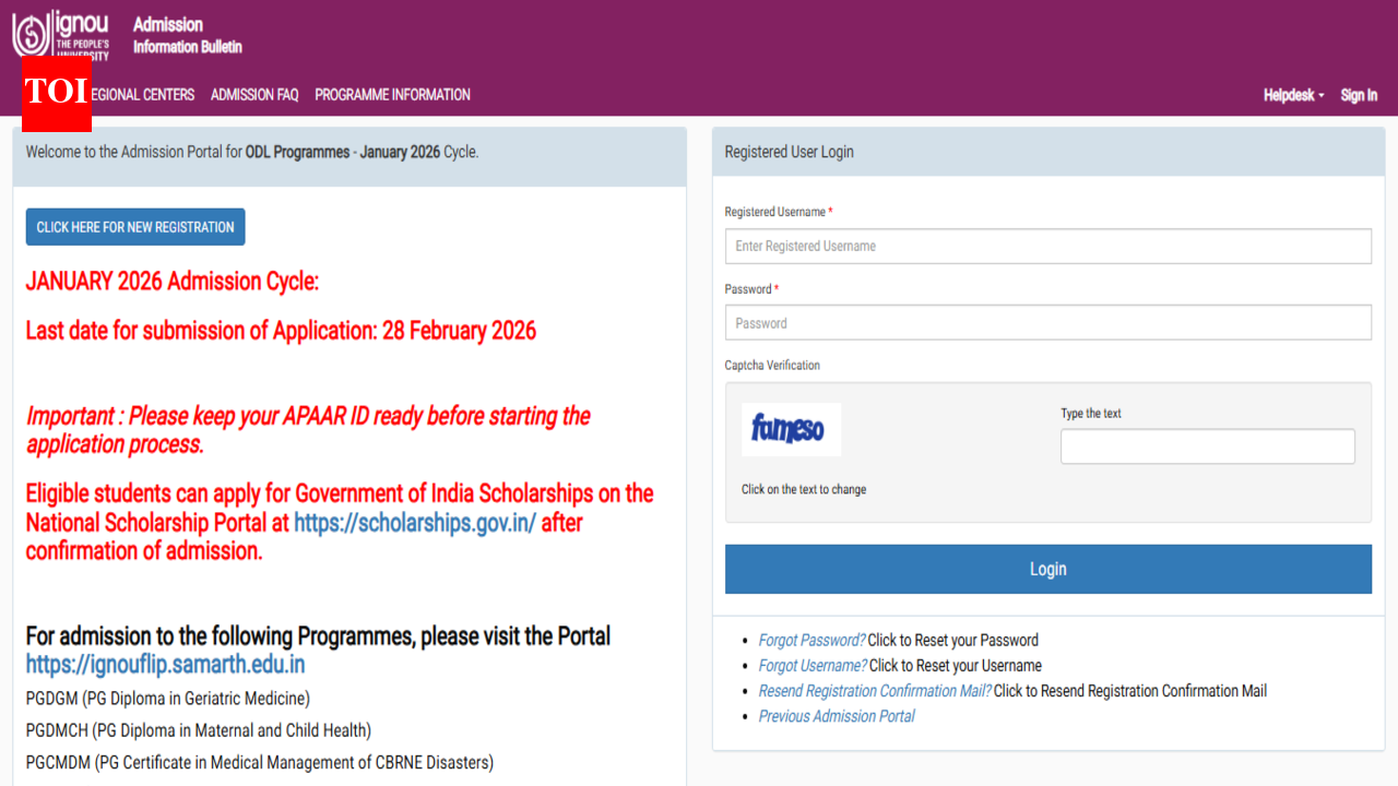 IGNOU January 2026 ODL, Online registration extended: Check application deadline, direct link to apply he