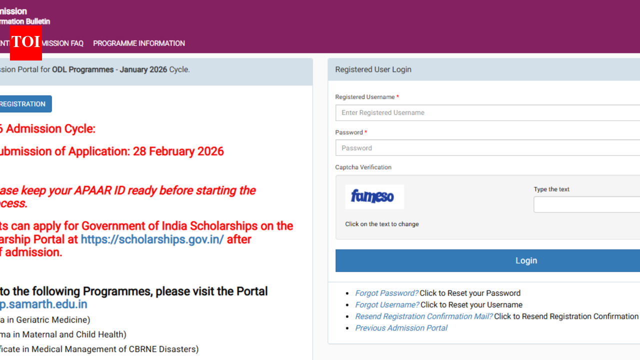 IGNOU January 2026 ODL, Online registration extended: Check application deadline, direct link to apply here